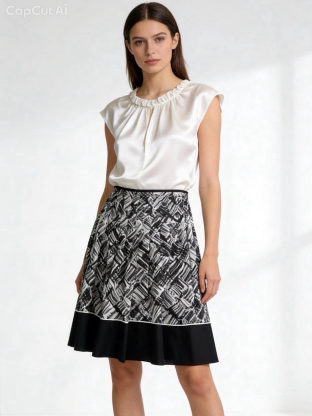Talbots Fully Lined Black/Ivory Skirt Black Border Hem, Sz 10P, Classic Elegance